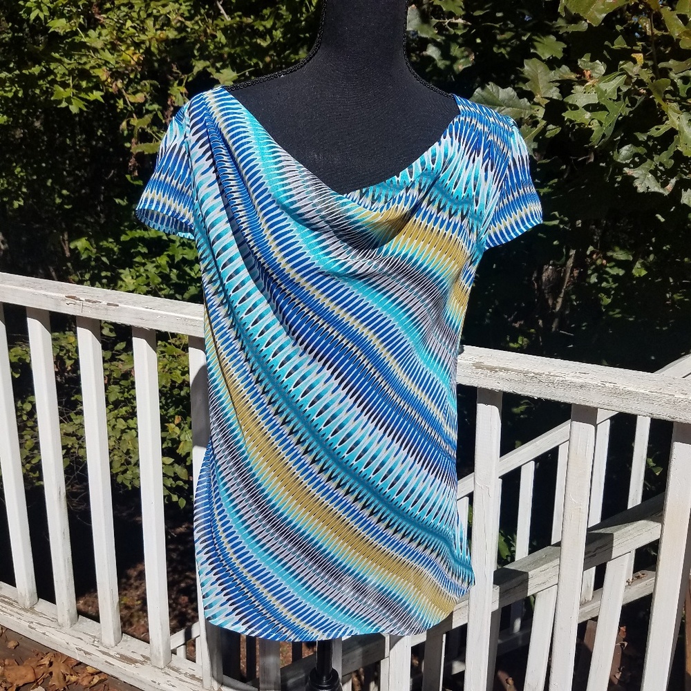 Worthington Womens Blouse Blue Gold  Medium